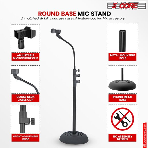 5Core Mic Stand Floor Adjustable Round Base Universal Metal Microphone Stands - Picture 9 of 11